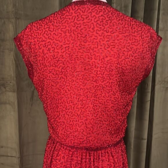 All beaded Elegant Red Wrap Dress, XS-S - Picture 12 of 14